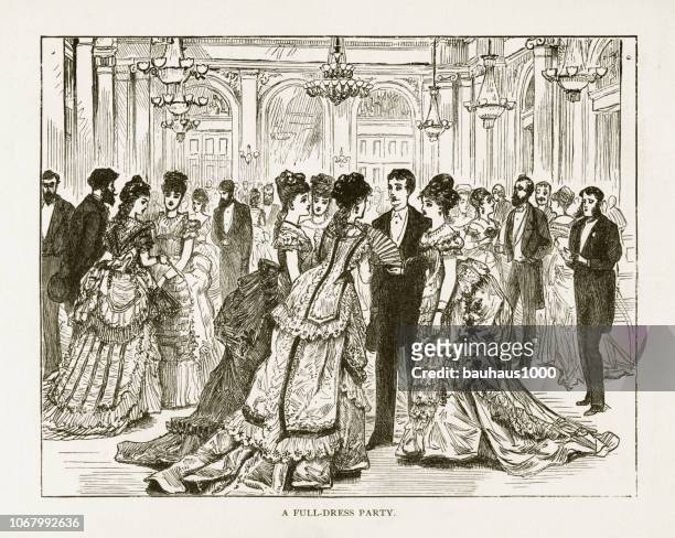 ilustraciones, imágenes clip art, dibujos animados e iconos de stock de traje fiesta grabado victoriano, 1879 - victorian gown