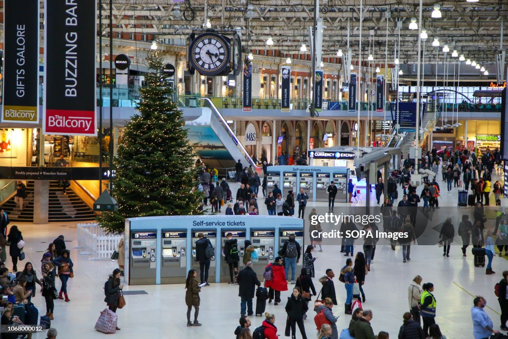 A Christmas tree is seen at Waterloo railway station...