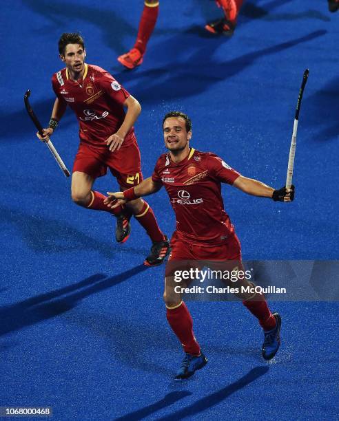 Alvaro Iglesias of Spain celebrates after scoring during the FIH Men's Hockey World Cup Pool A match between Spain and France at Kalinga Stadium on...