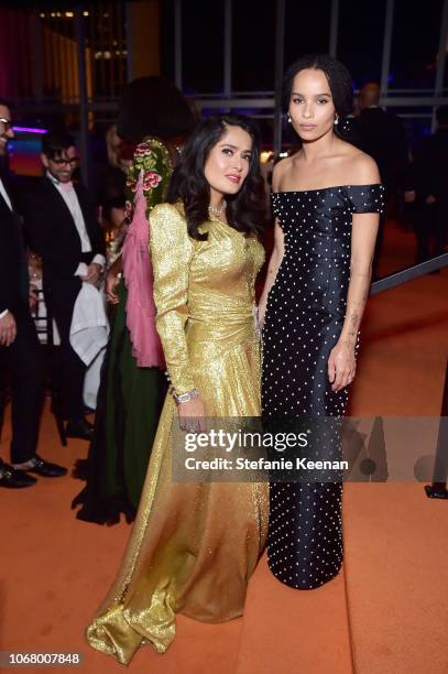 Actor-producer Salma Hayek Pinault, wearing Gucci, and Zoe Kravitz attend 2018 LACMA Art + Film Gala honoring Catherine Opie and Guillermo del Toro...