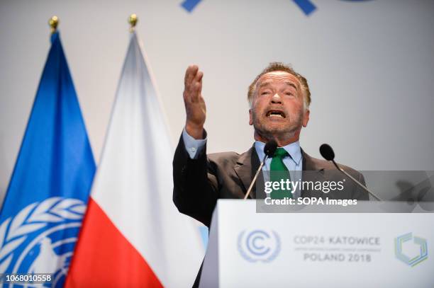 Austrian-American actor and former governor of California, Arnold Schwarzenegger seen speaking during the ceremonial conference opening of the COP24...