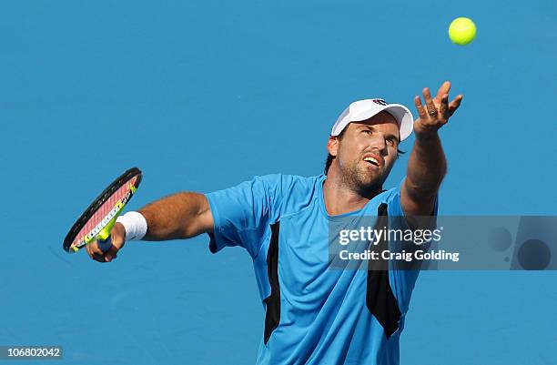 Pat Rafter of Australia serves during his match against Goran Ivanisevic of Croatia on day three of the Sydney Champions Downunder at Sydney Olympic...