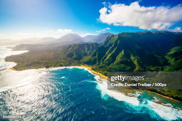 aerial view of mountains and sea - hawaii islands overhead stock pictures, royalty-free photos & images