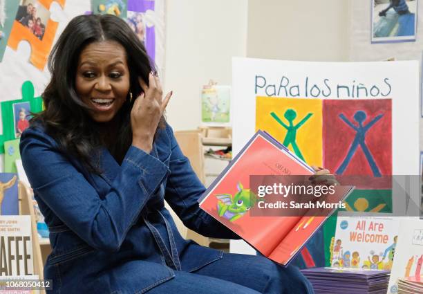 Former First Lady Michelle Obama reads to students at Para Los Niños on November 15, 2018 in Los Angeles, California.