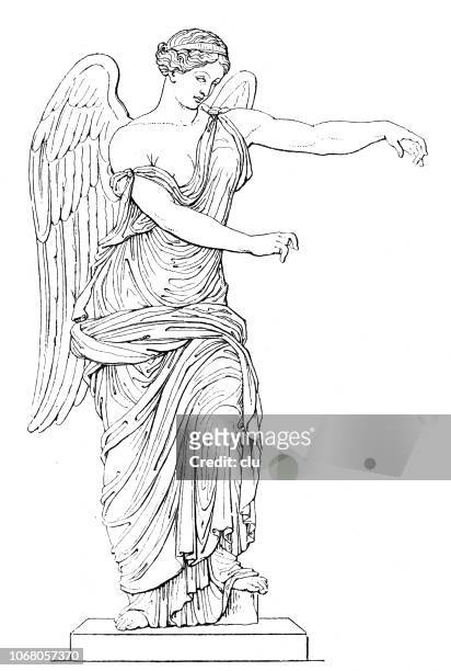 nike bronze statue, die göttin des sieges in der griechischen mythologie - goddess stock-grafiken, -clipart, -cartoons und -symbole