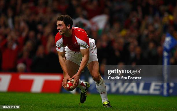 Wales winger George North races through to score during the International match between Wales and South Africa at Millennium Stadium on November 13,...