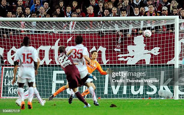 Ivo Ilicevic is scores his teams second goal during the Bundesliga match between 1.FC Kaiserslautern and VFB Stuttgart at Fritz-Walter-Stadion on...