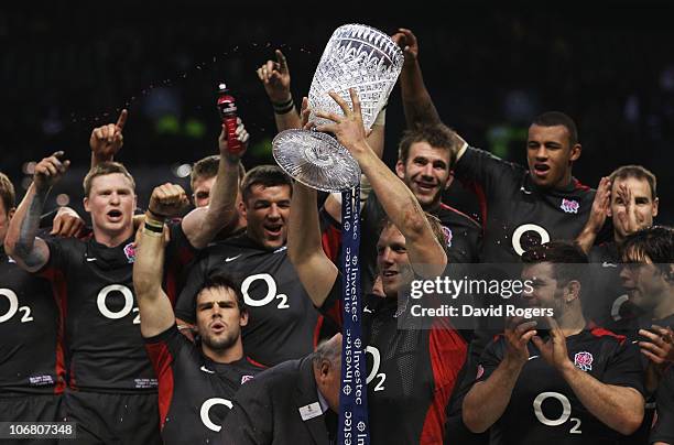 Lewis Moody captain of England lifts the Cook Cup after victory in the Investec international test match between England and Australia at Twickenham...