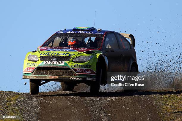 Mikko Hirvonen of Finland drives the BP Ford Abu Dhabi Focus during the 'Halfway' stage of the Wales Rally GB on November 13, 2010 in Llandovery,...