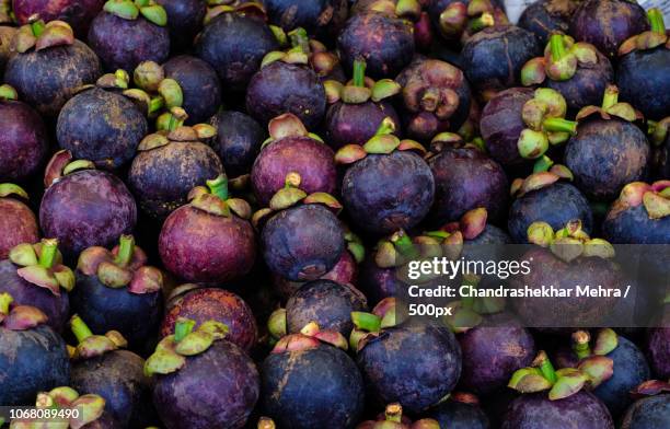 full frame of purple mangosteen fruit - mangosteen stockfoto's en -beelden