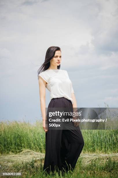 portrait of young woman standing in field - women in see through tops stock pictures, royalty-free photos & images