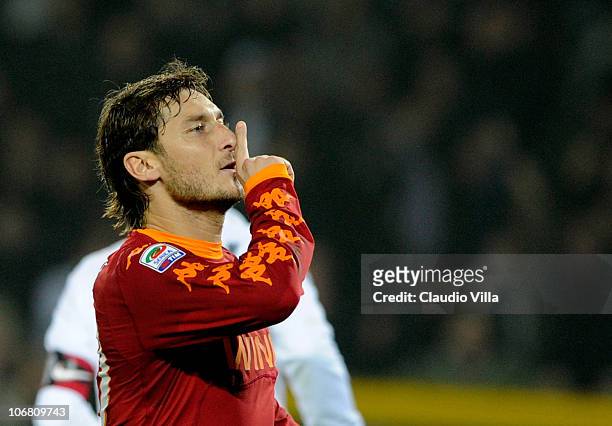 Francesco Totti of AS Roma celebrates after scoring the 1-1 equaliser from a penalty during the Serie A match between Juventus and Roma at Olimpico...