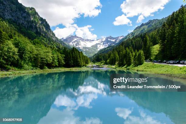 scenic view of forest and mountains reflected in lake - fürstentum liechtenstein stock-fotos und bilder