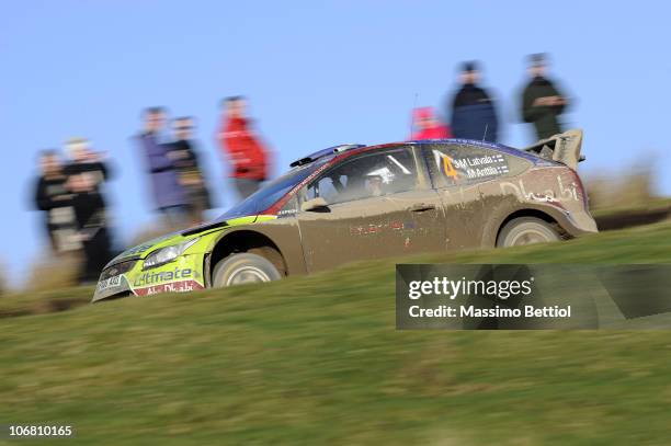 Jari Matti Latvala of Finland and Mikka Anttila of Finland compete in their BP Abu Dhabi Ford Focus during Leg 2 of the WRC Wales Rally GB on...