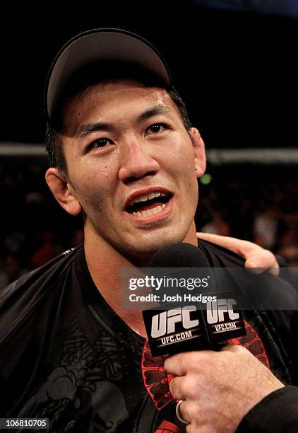 Yushin Okami of Japan is interviewd after his unanimous points victory over Nate Marquardt of the USA during their UFC Middleweight Championship...