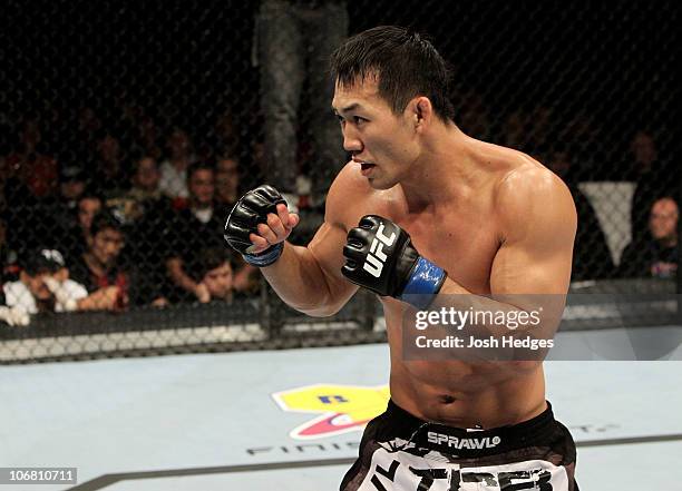 Yushin Okami of Japan in action during his UFC Middleweight Championship Eliminator bout at the Konig Pilsner Arena on November 13, 2010 in...