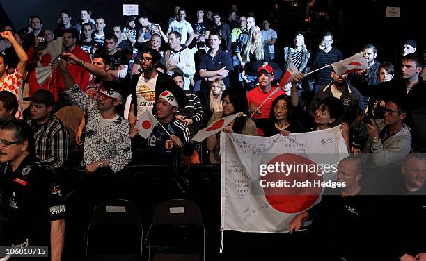 Japanese fans show their support for Yushin Okami of Japan during his UFC Middleweight Championship Eliminator bout at the Konig Pilsner Arena on...