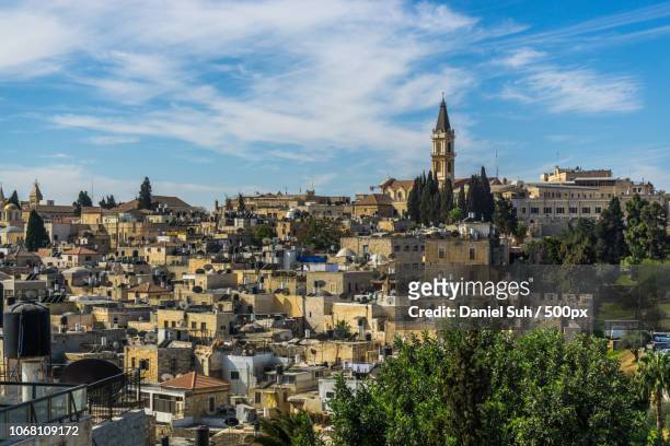 cityscape with bell tower, israel - haifa fotografías e imágenes de stock