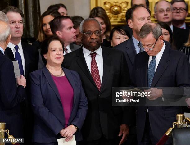 Associate Justices Brett Kavanaugh, Elena Kagan, Clarence Thomas, and Chief Justice John Roberts arrive for services for former President George H.W....