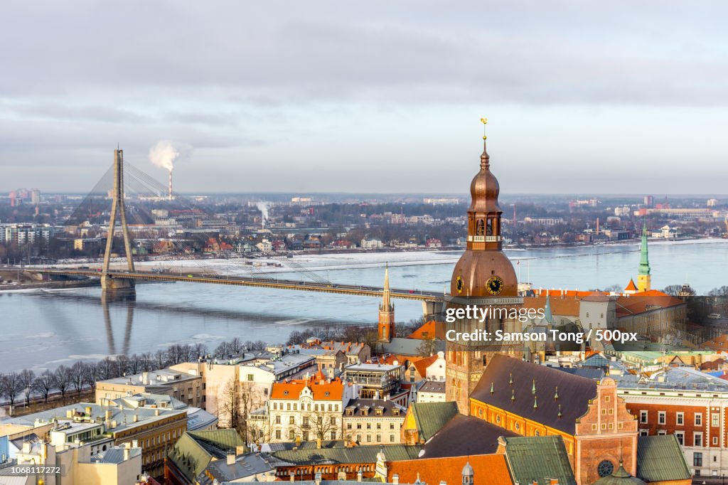 Cityscape with old town, river and bridge, Riga, Latvia