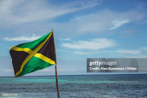 jamaican flag in front of ocean - jamaica flag stock-fotos und bilder