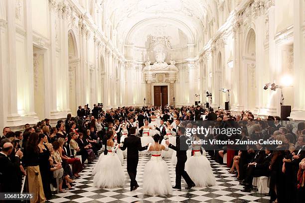 Debutantes and Cadets of the Accademia Navale di Livorno dance during the Gala Ball at Venaria Reale on November 13, 2010 in Turin, Italy.