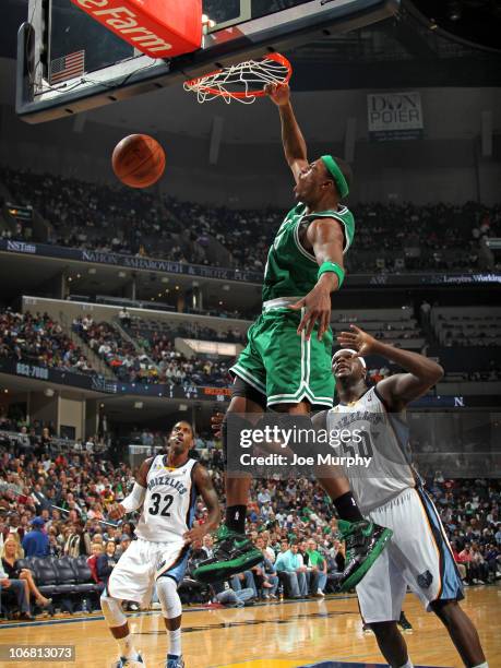 Paul Pierce of the Boston Celtics dunks against Zach Randolph of the Memphis Grizzlies on November 13, 2010 at FedExForum in Memphis, Tennessee. NOTE...