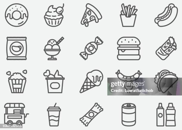 junk food line icons - bacon burger stock illustrations