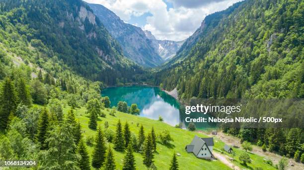 lakeside cottage in scenic forested canyon - montenegro fotografías e imágenes de stock