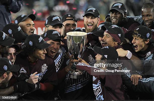 The Colorado Rapids hoist the trophey as they celebrate their victory over the San Jose Earthquakes in the MLS Eastern Conference Final at Dick's...