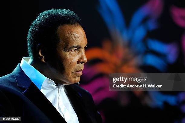 Muhammad Ali onstage during the Michael J. Fox Foundation's 2010 Benefit "A Funny Thing Happened on the Way to Cure Parkinson's" at The...