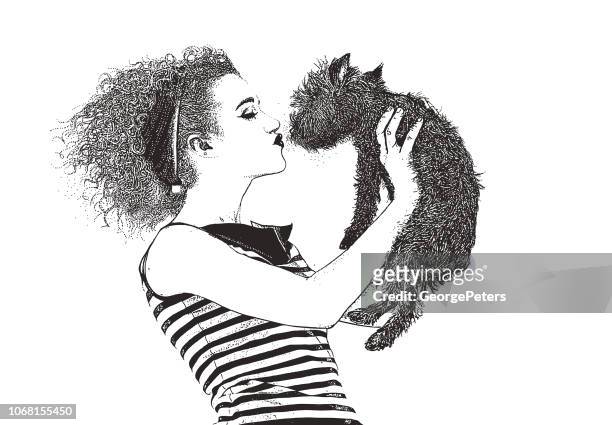 bildbanksillustrationer, clip art samt tecknat material och ikoner med kvinna som bär vintage 1950-talet mode kyssar hund - bortskämda djur