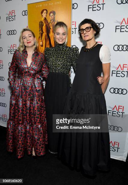 Josie Rourke, Margot Robbie, and Alexandra Byrne attend the closing night world premiere gala screening of "Mary Queen Of Scots" during AFI FEST 2018...