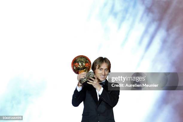 Luka Modric of Croatia and Real Madrid wins the 2018 Ballon D'Or at Le Grand Palais on December 3, 2018 in Paris, France.