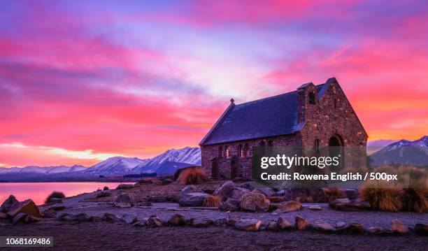 church of the good shepherd at sunset - tekapo stock pictures, royalty-free photos & images