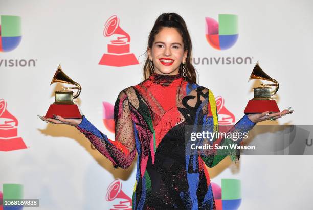 Rosalia, winner of Best Alternative Song for 'Malamente' and Best Urban/Fusion Performance for 'Malemente', poses in the press room during the 19th...