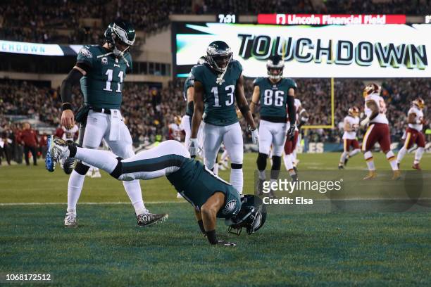 Wide receiver Golden Tate of the Philadelphia Eagles celebrates after scoring a touchdown against the Washington Redskins in the first quarter at...