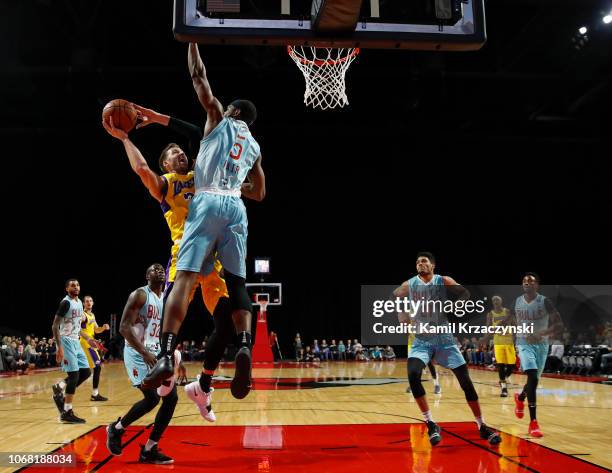Johnathan Williams of the South Bay Lakers goes to the basket against the Windy City Bulls during the NBA G-League on December 3, 2018 at Sears...