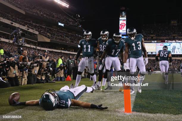 Wide receiver Golden Tate of the Philadelphia Eagles celebrates with teammates after making a catch for a 2-point conversion against the Washington...