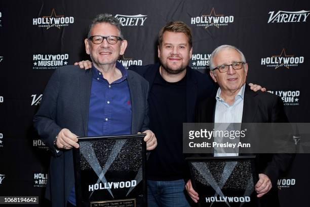 Irving Azoff, James Corden and Lucian Grainge attend The Hollywood Chamber's 7th Annual State Of The Entertainment Industry Conference Presented By...
