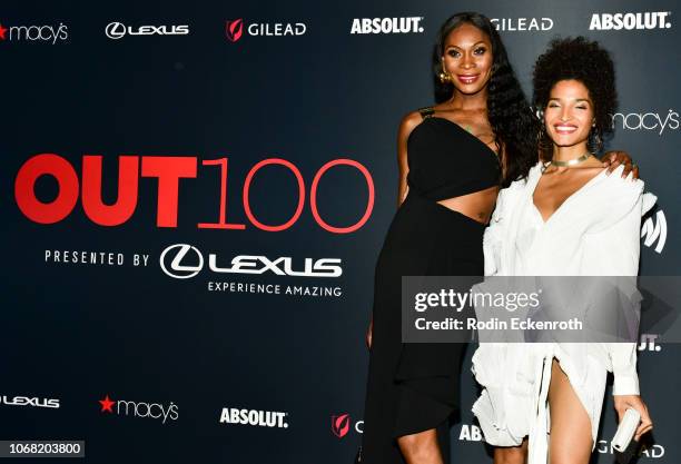 Dominique Jackson and Indya Moore attend Out Magazine's OUT100 Awards Celebration Presented By Lexus at Quixote Studios on November 15, 2018 in Los...
