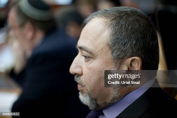 Israeli Foreign Minister Avigdor Lieberman attends the weekly cabinet meeting on November 14, 2010 in Jerusalem, Israel. Netanyahu will encourage his...