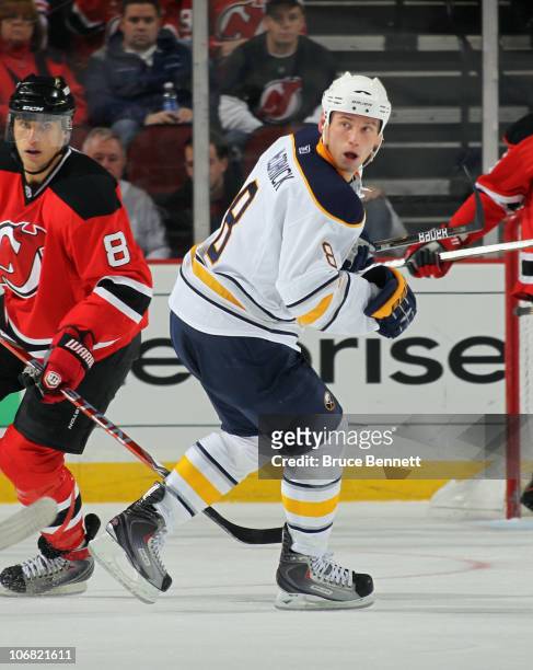 Cody McCormick of the Buffalo Sabres skates against the New Jersey Devils at the Prudential Center on November 10, 2010 in Newark, New Jersey. The...