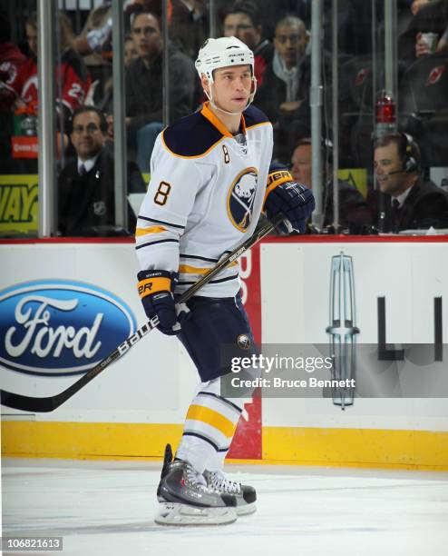 Cody McCormick of the Buffalo Sabres skates against the New Jersey Devils at the Prudential Center on November 10, 2010 in Newark, New Jersey. The...