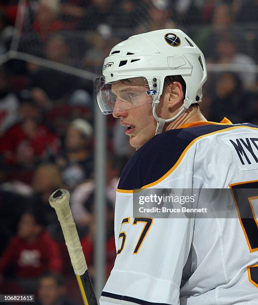Tyler Myers of the Buffalo Sabres skates against the New Jersey Devils at the Prudential Center on November 10, 2010 in Newark, New Jersey. The...