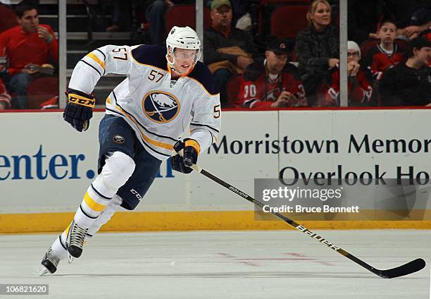 Tyler Myers of the Buffalo Sabres skates against the New Jersey Devils at the Prudential Center on November 10, 2010 in Newark, New Jersey. The...