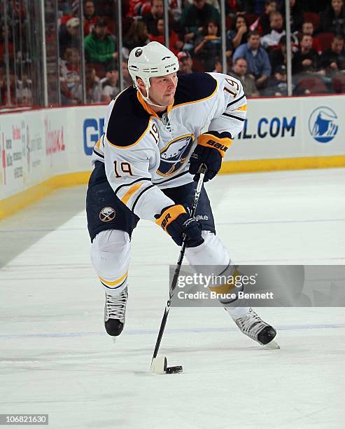 Tim Connolly of the Buffalo Sabres skates against the New Jersey Devils at the Prudential Center on November 10, 2010 in Newark, New Jersey. The...