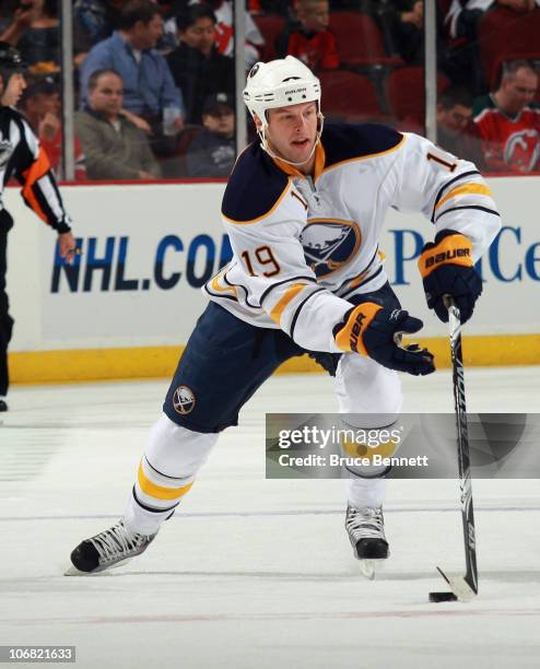 Tim Connolly of the Buffalo Sabres skates against the New Jersey Devils at the Prudential Center on November 10, 2010 in Newark, New Jersey. The...