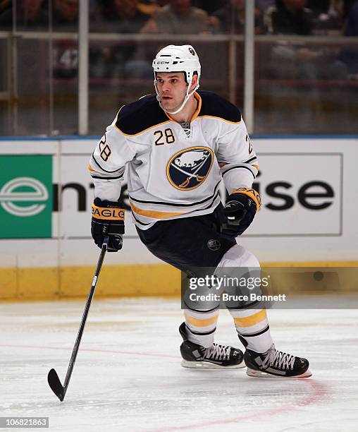 Paul Gaustad of the Buffalo Sabres skates against the New York Rangers at Madison Square Garden on November 11, 2010 in New York City. The Rangers...