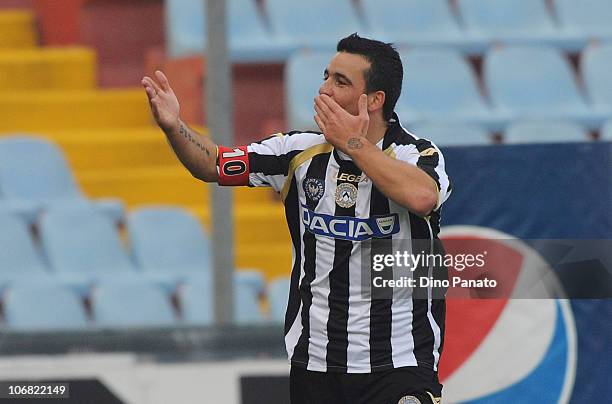 Antonio Di Natale of Udinese celebrates after scoring the opening goal during the Serie A match between Udinese and Lecce at Stadio Friuli on...